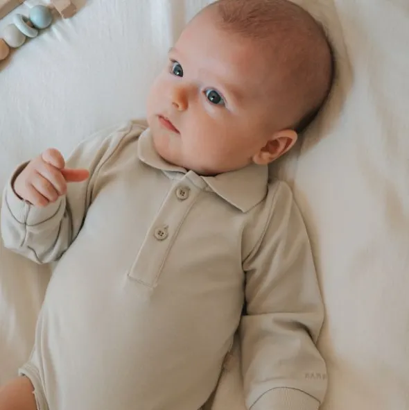 Bamboom Long Sleeve Polo Romper - 6 Mnd - Sand