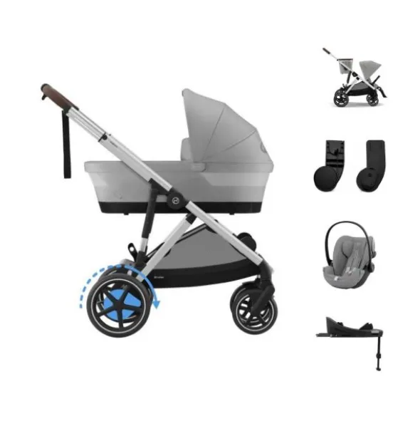 Cybex E-Gazelle S Kinderwagen - Silver - Stone Grey | Cybex Cloud G I-Size Plus Autostoeltje - Stone Grey | Cybex Base G | Autostoel adapters