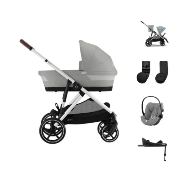 Cybex Gazelle S Kinderwagen - Silver - Stone Grey | Cybex Cloud G I-Size Plus Autostoeltje - Stone Grey | Cybex Base G | Autostoel adapters