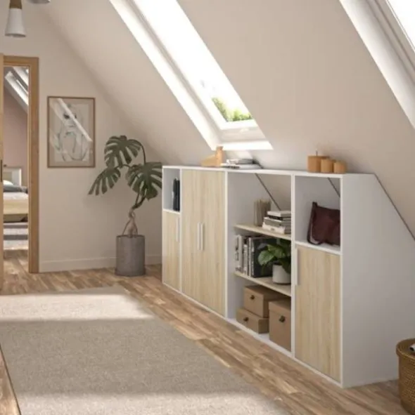 Diagone Onderkast Schuine Wand 3 Open Vakken – Eik / Wit