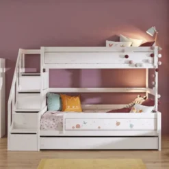 LIFETIME Kidsrooms Stapelbed Familie Met Trapkast - 90/140x200 cm - Premium Rolbodem - White Wash