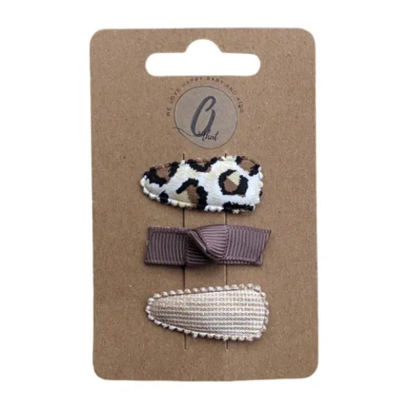 Ootje Kadootje Babyhaarclipjes - Print/Mokka/Rib Glitter - 3 stuks