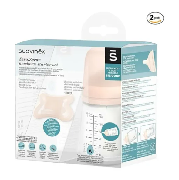 Suavinex Zero Zero Newborn Set - Fles 180ml + Fopspeen -2/2Mnd
