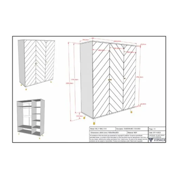 Vipack Billy Kledingkast 3 Deurs - Wit