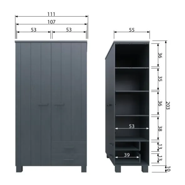 Woood Dennis Kledingkast + Laden Steel Grey 2-Deurs